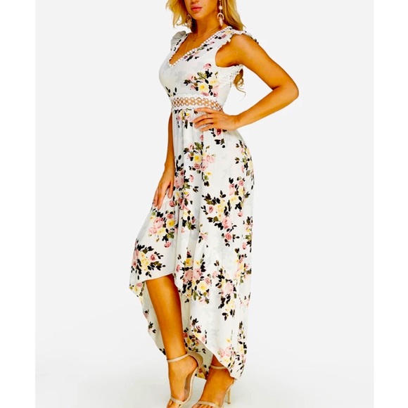 Ivory Floral Boho High Low Dress With Open Back - Picture 2 of 6